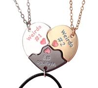 Elefezar BFF Necklace for 3, Matching Heart Split Weirdo 1 Weirdo 2 Weirdo 3 Soul Sister Jewelry, Best Friend Necklace, Metal, Cubic Zirconia