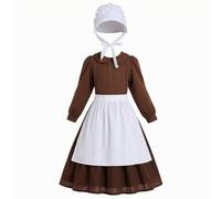 Elegabrillia Women Maid Costume Rustic Maid Dress Apron Bonnet Ensemble Long Sleeve Uniform Polyester Cotton With Back Zipper Suitable for Halloween Parties Theater Performances, Coffee, S- 110-125