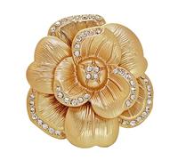 Elegancy Gold Metallic Bloom Camellia Flower Brooch Pin with Crystal Accent