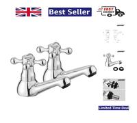JASSFERRY Traditional Victorian Pair of Basin Taps for Bathroom Sink 1/4 Turn Crosshead Hot and Cold 1/2" Bath Brass Faucet, Polished Chrome Set of 2