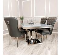 Elegant 1.8m Dining Table for 6 - Modern Grey Glass & Marble Top Double Mirrored Pedestal Base Stylish Dining Room Furniture Ideal for Contemporary Home Decor