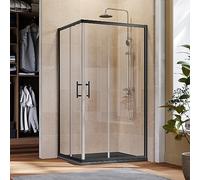 ELEGANT 1000 x 700 mm Black Corner Entry Shower Enclosure 6mm Extra Toughened Safety Glass Sliding Shower Door Screen Panel with Gray Tray