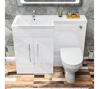 ELEGANT 1100mm L Shape Bathroom Vanity Sink Unit Furniture Storage,Left Hand High Gloss White Vanity unit + Basin + Ceramic D shaped Toilet with Concealed Cistern