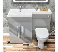 ELEGANT 1100mm L Shape Bathroom Vanity Sink Unit Furniture Storage,Left Hand Matte Grey Vanity unit + Basin + Ceramic D shaped Toilet with Concealed Cistern