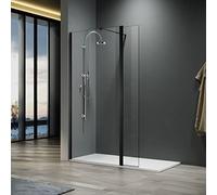 ELEGANT 1200 Walkin Shower Screens Panel with 300mm Flipper Panel | 8mm NANO Easy Clean Glass for Walk in Shower Enclosure, Black Aluminum Frame and Stainless Steel Support Bar, Easy to Install