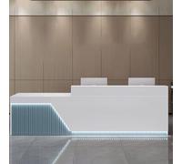 Elegant 140cm Modern Reception Desk with Soft Blue Lighting Stylish Office Reception Counter for Small Businesses White and Blue Design for Welcoming Spaces.