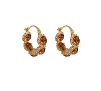Elegant 14K Gold Plated Women's Hoop Earrings with Brown Crystal & Zircon Accents, Bohemian Style, Valentine's Day Retro Jewelry Gift