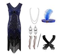 Elegant 1920s Flapper Gown Costume for Women Featuring Intricate Beadwork Sequins and Fringe Detail Fancy Dress Attire with Accessories Blue