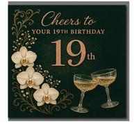 Elegant 19th Birthday Card - Cheers to Your 19th Birthday with Champagne Glasses and Orchids - Luxury Adult Milestone Nineteenth Greeting Card for Him or Her - Includes Envelope
