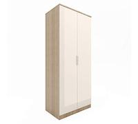 ELEGANT 2 Doors Wardrobe with Soft Close Hinge, High Gloss Bedroom Furniture Sets with Hanging Rod and Storage Shelves, Cream/oak