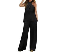 Elegant 2 Piece Outfits Women's Trouser Suits Elegant Wedding Guest Sleeveless Flowy Tops Elastic Waisted Wide Leg Trousers Formal Outfit Plus Size Prom Evening Two Piece Trouser Sets Pants (L) Black