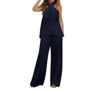 Elegant 2 Piece Outfits Women's Trouser Suits Elegant Wedding Guest Sleeveless Flowy Tops Elastic Waisted Wide Leg Trousers Formal Outfit Plus Size Prom Evening Two Piece Trouser Sets (Navy, XXL)