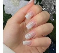 Elegant 24Pcs Glossy Square Press On Nails With Glitters Powder Full Covers Acrylic Artificial Nails Manicure Decoration Short False Nail