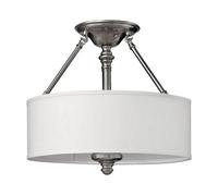 3 Bulb Semi Flush Light Clear Glass Stem White Fabric Shade Nickel LED E27 60W