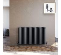 ELEGANT 3 Column Radiator Cast Iron Style 600 x 1010mm Horizontal Triple Bar Tall Upright Traditional Grey Radiator with Angled Pair of Thermostatic Chrome Valves