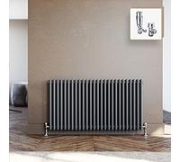 ELEGANT 3 Column Radiator Cast Iron Style 600 x 1190mm Horizontal Triple Bar Tall Upright Traditional Grey Radiator with Angled Pair of Thermostatic Chrome Valves