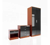 ELEGANT 3 Piece Bedroom Furniture Sets High Gloss Soft Close Wardrobe + 4 Storage Drawer Chest of Drawers + Bedside Cabinet, Black-Walnut Wardrobe and Chest of Drawers Set