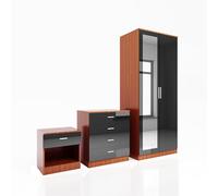 ELEGANT 3 Piece Bedroom Furniture Sets with Mirror, Black-Walnut | High Gloss Mirrored Wardrobe + 4 Storage Drawer Chest + Bedside Cabinet, Soft Close Wardrobe and Chest of Drawers Set