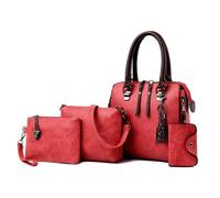 Elegant 4 in 1 Vintage PU Leather Satchel Top Handle Bag Handbag Set with Tassels Pendant and Shoulder Strap for Women