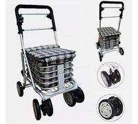 Elegant 6 Wheeled Sit & Go Shopping Trolley With Adjustable Handle Height & Hand Break - Foldable, Seat, Black Aluminium Frame & Wheels, 5kg Weight Capacity