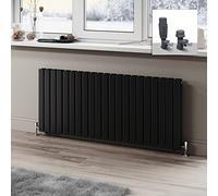 ELEGANT 600 x 1428mm Radiator Black Horizontal Radiator Flat Panel Designer Radiator Double Panel Central Heating Radiator with Anthracite Thermostatic Valves