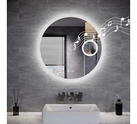 ELEGANT 700 mm Bluetooth Round LED Bathroom Mirror, Backlit Illuminated Circle Bathroom Wall Mirror with 3x Magnifier, 3 Colors Dimmable, Defogging, Touch Control & Memory Function, IP44
