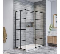 ELEGANT 760x700mm Shower Screen Wet Room Reversible Walkin Shower Door 2 Pieces of 8mm Safety Glass Shower Panel Frameless Stain Black Grid Painted Shower Cubicle for Bath