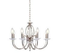 Elegant 8 Bulb Chandelier With Cut Glass Droplets And Curved Stem In Polished Nickel