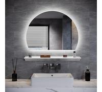 ELEGANT 800 x 600mm LED Bathroom Mirror with Lights, Half Circle Wall Mounted Vanity Mirror Backlit Mirrors with 3 Color Lights, Dimmable & Demister Pad, 80cm Wall Shelf with LED Lighting