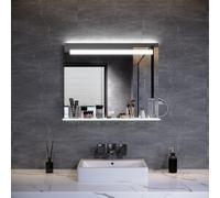 ELEGANT 800 x 650mm LED Bathroom Mirror with Lights and Shaver Socket, Wall Mounted Vanity Mirror with Adjustable Shelf, 3 Colors Dimmable, Anti-Fog, Touch Sensor & Memory Function, IP44