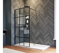 ELEGANT 900mm Black Walkin Shower Screen 8mm Safety Shower Glass Door for Bath WetRoom Reversible Shower Glass Panel Matte Black Grid Walkin Shower Enclosure with Tray 1400x800mm