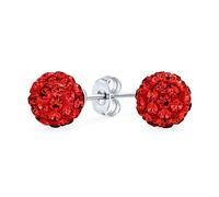 Elegant .925 Sterling Silver Round 8MM Glittering Pave Crystal Disco Ball Red Stud Earrings for Women Teens