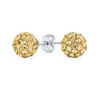 Elegant .925 Sterling Silver Round 8MM Glittering Pave Crystal Disco Ball Yellow Gold Stud Earrings for Women