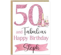 Elegant A5 Pink Champagne Birthday Cards 30th 40th 50th 60th 70th 80th 90th & Fabulous! Custom Own Name Champagne Style Happy Birthday Milestone Card (50th)