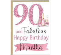 Elegant A5 Pink Champagne Birthday Cards 30th 40th 50th 60th 70th 80th 90th & Fabulous! Custom Own Name Champagne Style Happy Birthday Milestone Card (90th)