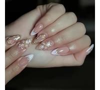 Elegant Acrylic False Nails Almond Shape with Floral Pattern and Gold Detail Stick On Nails for Manicure 24 Pieces