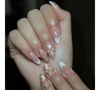 Elegant Acrylic False Nails Almond Shape with Floral Pattern and Golden Detail Sticks on Nails for Manicure 24 Pieces Almond Nail