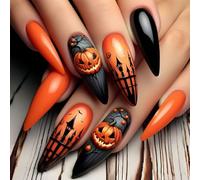 Elegant Almond Fake Nails Halloween Party Accessory Glossy Pumpkin Art Light Long Wear Nails Enhancement 24pcs Halloween Press On Nail