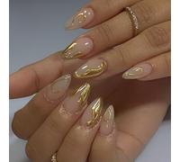 Elegant Almond Press On Nails - Nude with Gold Abstract Design - 24PCS False Nails for Women & Girls - Reusable with Glue - Full Coverage & Easy to Apply