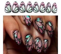 Elegant Almond with 3D Butterfly Art Easy to Apply False Glossy Stick on for Women 24Pcs Quick Manicure Solution