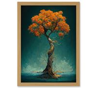 Elegant Ancient Lone Autumn Fall Tree On Teal Artwork Framed Wall Art Print A4 Artery8 Light Oak One Size