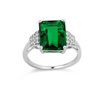 Elegant Art Deco Style Created Gemstone Nano Emerald Green & White Sapphire Side Stone Statement Engagement Ring .925 Sterling Silver