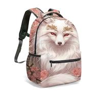 Elegant Art Nouveau White Fox and Daisy Backpack, 16 Inch Full Print Nature Illustration Daypack with Green Leaves (02)