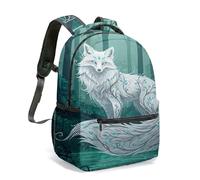 Elegant Art Nouveau White Fox and Daisy Backpack, 16 Inch Full Print Nature Illustration Daypack with Green Leaves (04)