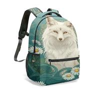 Elegant Art Nouveau White Fox and Daisy Backpack, 16 Inch Full Print Nature Illustration Daypack with Green Leaves (03)