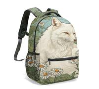 Elegant Art Nouveau White Fox and Daisy Backpack, 16 Inch Full Print Nature Illustration Daypack with Green Leaves (01)