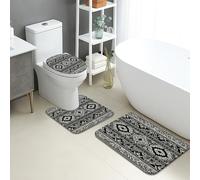 Elegant Bathroom Mat Sets 3 Piece, Black White Geometric Patterns Absorbent Non Slip Toilet Rugs U Shaped Washable, Contemporary Quick Dry Flannel Bathroom Rug Set