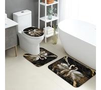 Elegant Bathroom Mat Sets 3 Piece, Black White Swans Absorbent Non Slip Toilet Rugs U Shaped Washable, Artistic Quick Dry Flannel Bathroom Rug Set