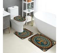 Elegant Bathroom Mat Sets 3 Piece, Vintage Tree Floral Absorbent Non Slip Toilet Rugs U Shaped Washable, Autumn Inspired Quick Dry Flannel Bathroom Rug Set