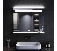 ELEGANT Bathroom Mirror with LED Lights, 80x65cm Wall Mounted Vanity Mirror with Shaver Socket, 3 Colors Dimmable Light, Defogging, Backlit Bathroom Wall Mirror with LED Shelf, IP44